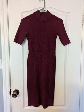 GUESS Burgundy Ribbed Turtleneck Midi Dress